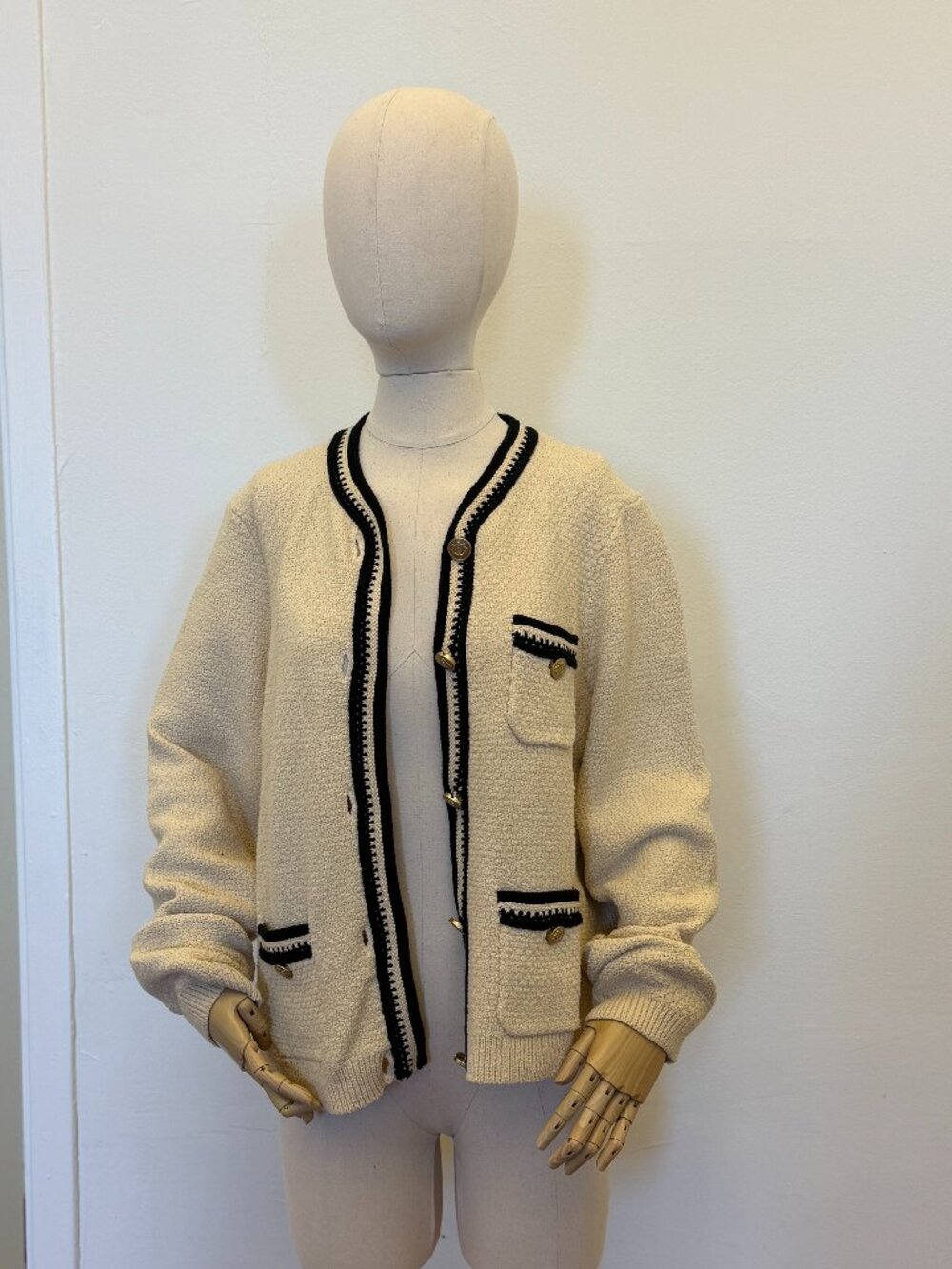J.Crew Cream Tweed-Knit Cardigan — Braided Trim, Crest Buttons Large
